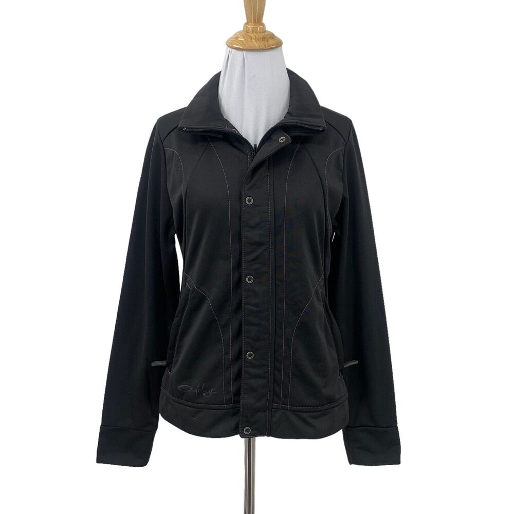 Oakley Jacket Womens S Small Black Regular Fit Snap Buttons Zip Up Purple Stitch
